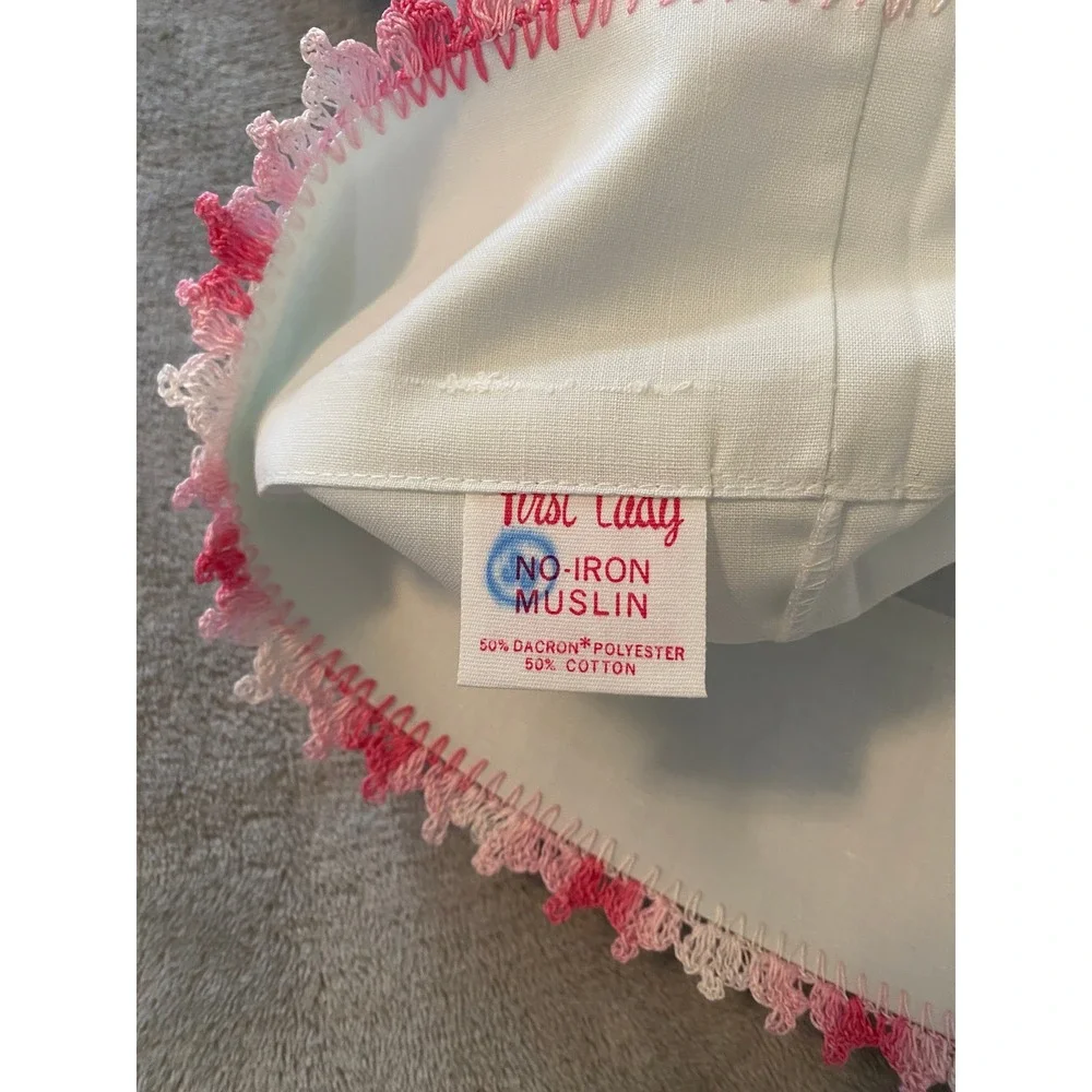 First Lady Sheet Set Full White Pink Rose Embroidered Crochet Trim VTG Muslin